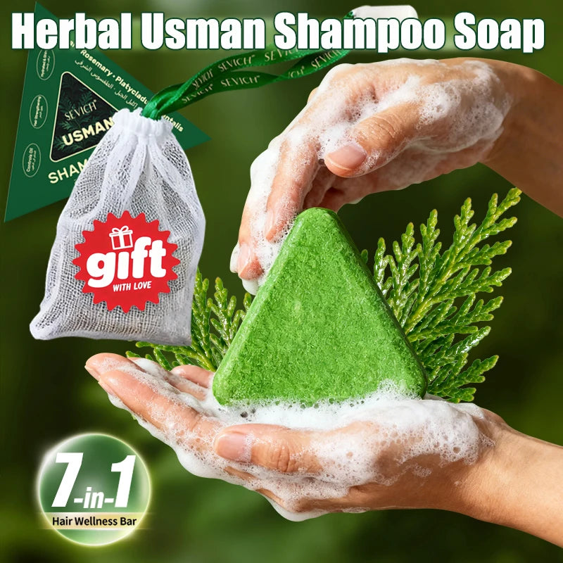 3 IN 1 Usman Grass Herbal Shampoo Soap Hair Loss Treat Solid Shampoo Bar Strengthen Hair Root Oil Control Hair Growth Hair Care